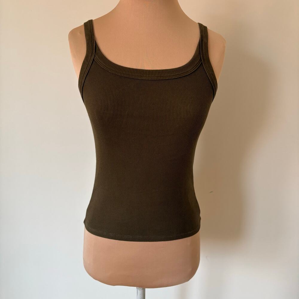 Reformation Dark Olive Green Ribbed Minimalist Scoop Neck Fitted Tank Top EUC S